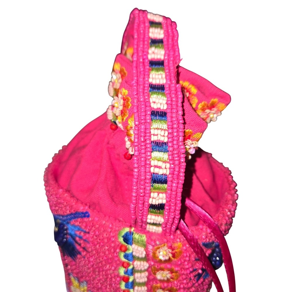 Handcrafted in India Beaded Parrot Sloth Bucket Bag Small Pink New Tropical Boho - Picture 5 of 10